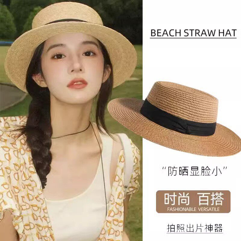 2025夏季遮阳帽法式平顶草帽女海边沙滩防晒编织帽子防紫外线帽子