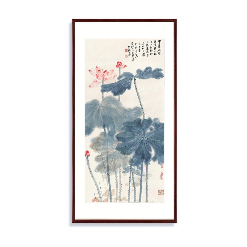 新中式玄关装饰画张大千荷花国画实木入户走廊壁画客厅花卉画挂画