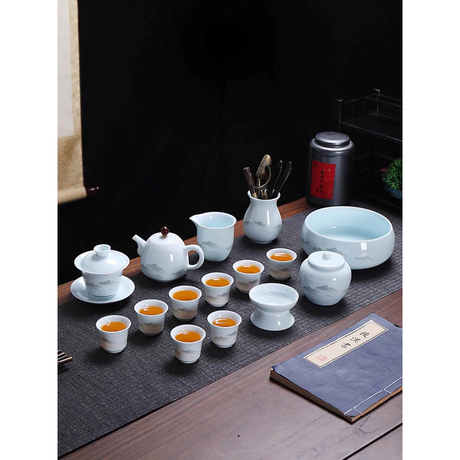 青瓷功夫茶具套装影青家用办公室简约茶壶盖碗茶杯茶道高档轻奢