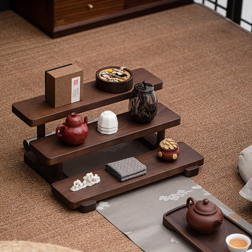 胡桃木桌面置物架收纳架小型阶梯茶具架实木杯架茶壶展示架陈列架
