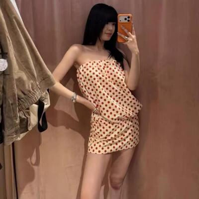 ZA家夏季新款露肩包臀裙辣妹风松紧收腰波点抹胸洋装女2482423