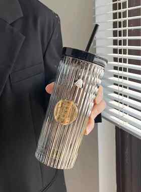 女童玻璃杯、高颜水杯、2024新款简易吸管杯、家用高端无障碍带盖