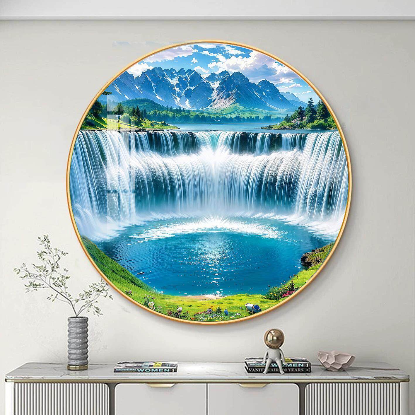 卧室床边聚宝盆水晶瓷风景山水画挂画客厅流水圆形瀑布背景墙沙发