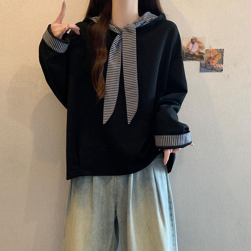 新品大码甜美连帽条纹假两件长袖卫衣女秋冬季胖MM宽松遮肚子百搭