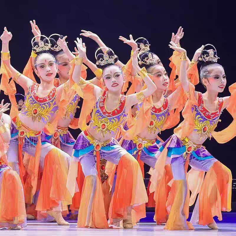 敦煌拓窟儿童演出服舞蹈服梦长安女童西域飞天乐鼓儿童古典演出服