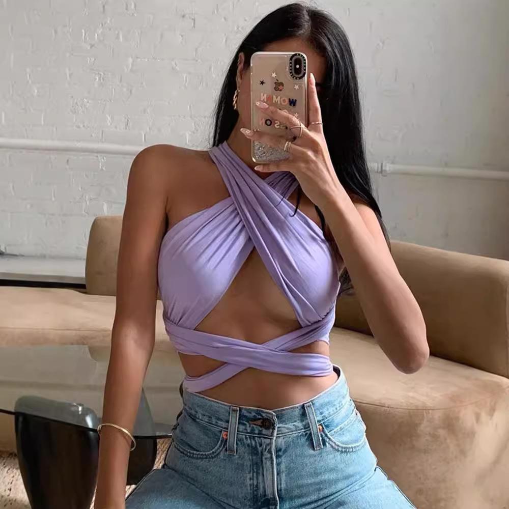 sexy backless sleeveless neck halter out cut cross strappy