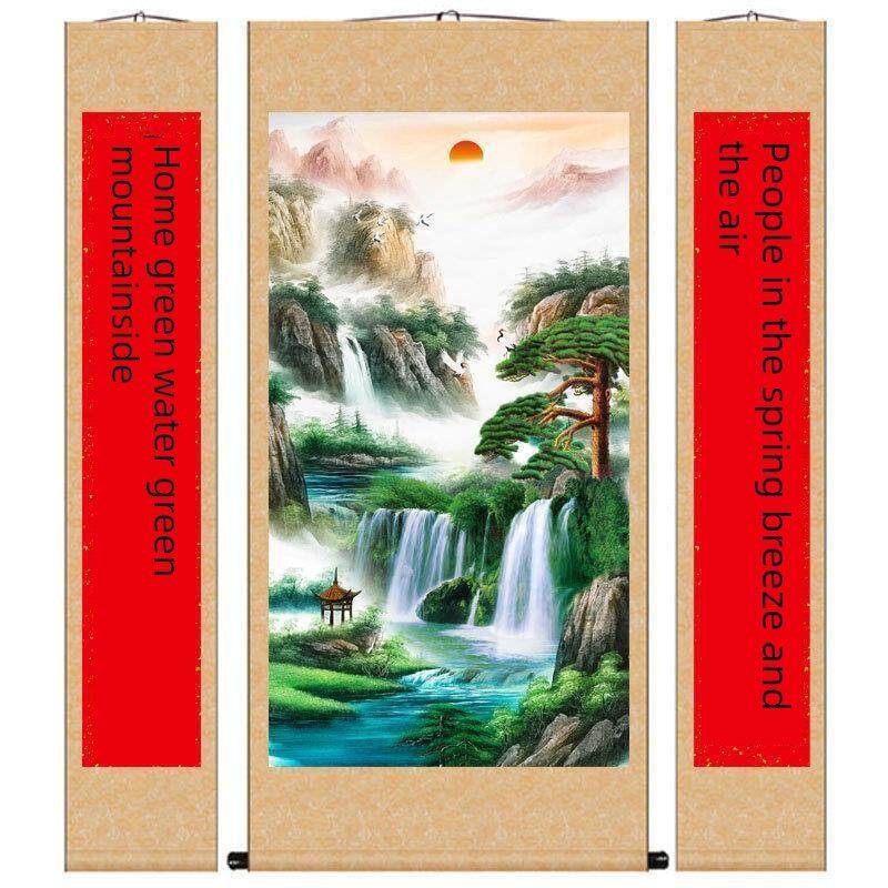 迎客松国画山水画农村中堂客厅背景绢布防潮装饰画