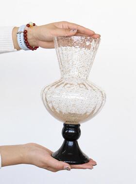 中古风鎏金粉高脚法式透明风灯花瓶鲜花餐桌台面居家装饰玻璃瓶