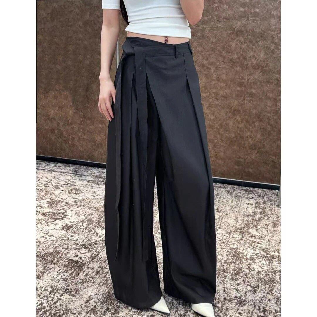 韩版设计感高腰系带阔腿裤女2026春秋季通勤风显瘦垂坠感百搭长裤
