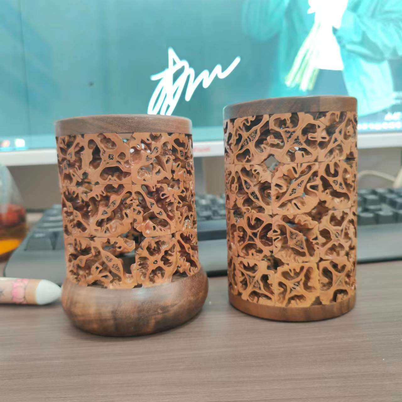 中式复古核桃镂空茶道收纳筒方形茶道六君子筒创意花插胡桃木笔筒