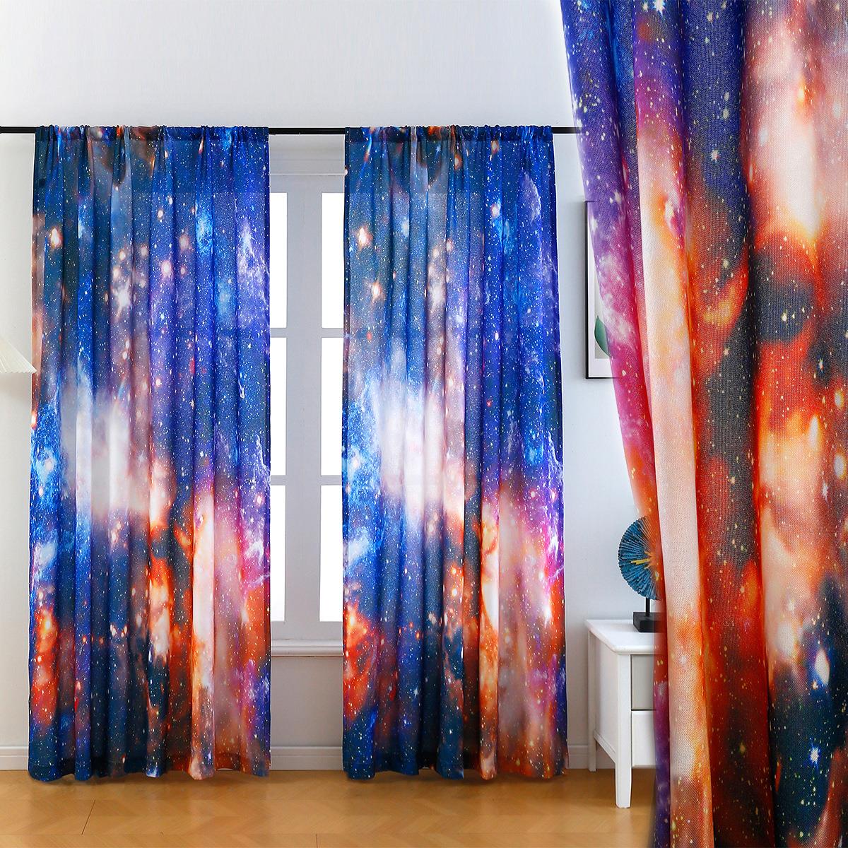 简约色彩星空彩虹麻纱印花窗帘卧室飘窗装饰成品窗帘