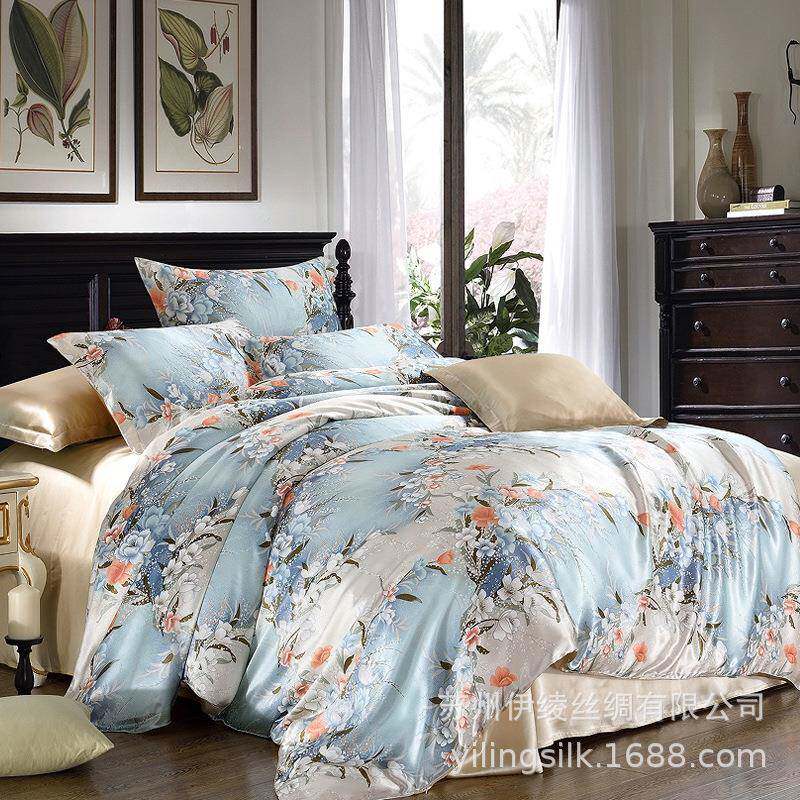 真丝四件套100桑蚕丝床上用品外贸丝绸被套床单数码印花