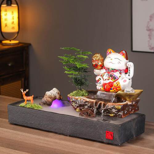 创意招财猫流水客厅办公室装饰摆饰桌面循环水新中式送礼开 业礼