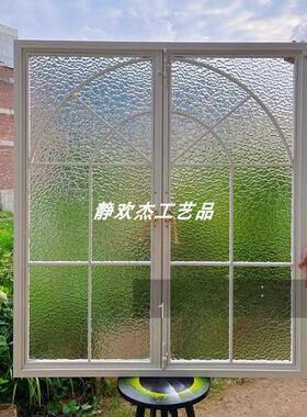 铝合金法式覆古窗户平开 格子艺术玻璃黑白色老钢窗拱形老洋房室