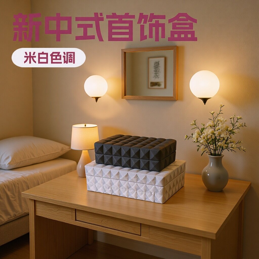 简约现代新中式样板间摆件客厅卧室首饰盒木质凹凸纹储物收纳盒子