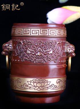 杨铜记 铜器 复古桌面办公摆件 铜笔筒 狮头莲花笔筒 笔筒