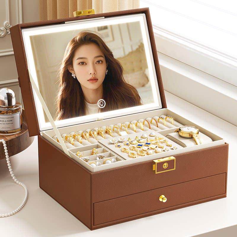 首饰盒高档精致LED灯耳针耳环手饰盒戒指项炼珠宝大容量收纳盒