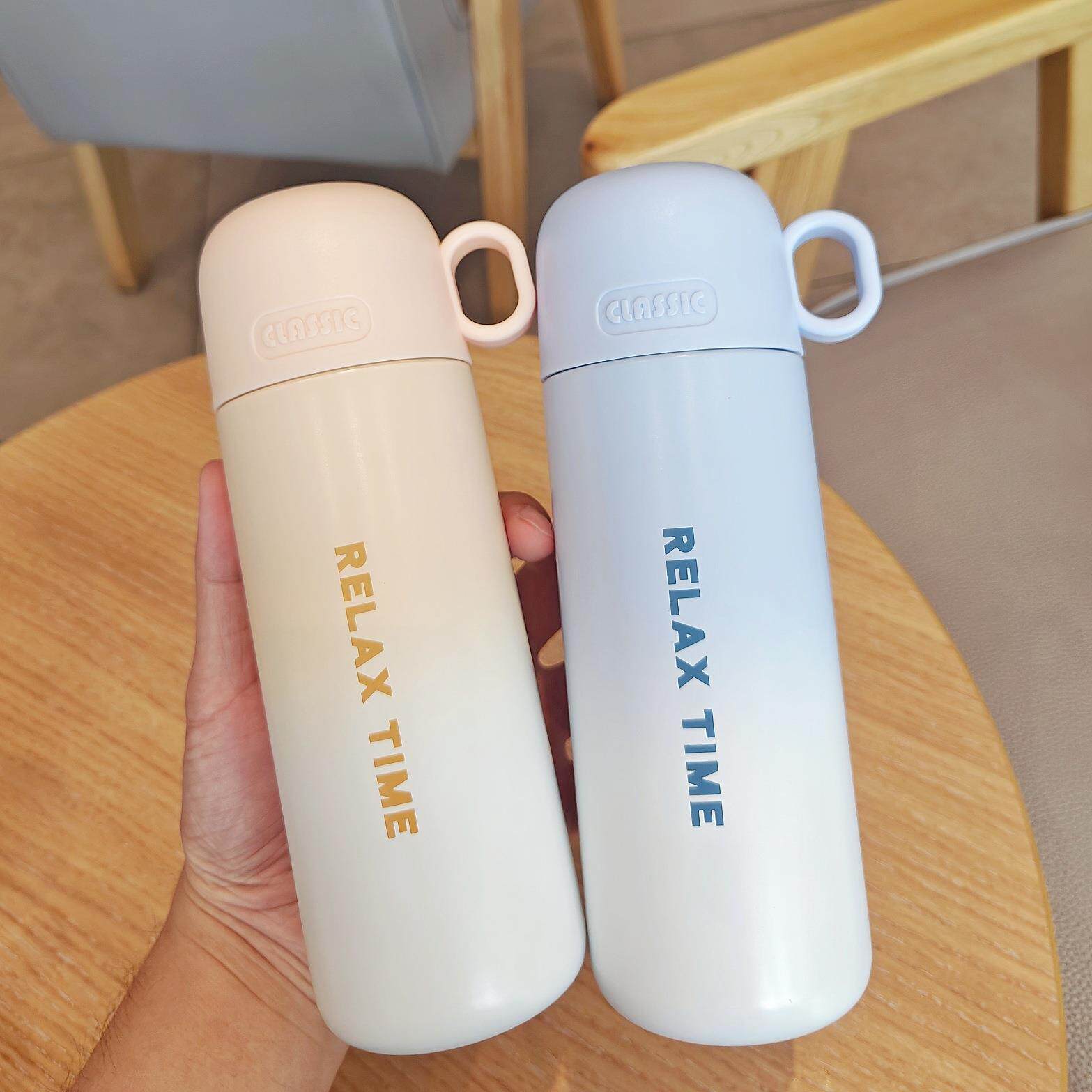 新款简约水杯渐变色带盖两用保温杯便携学生高颜值情侣不锈钢杯子