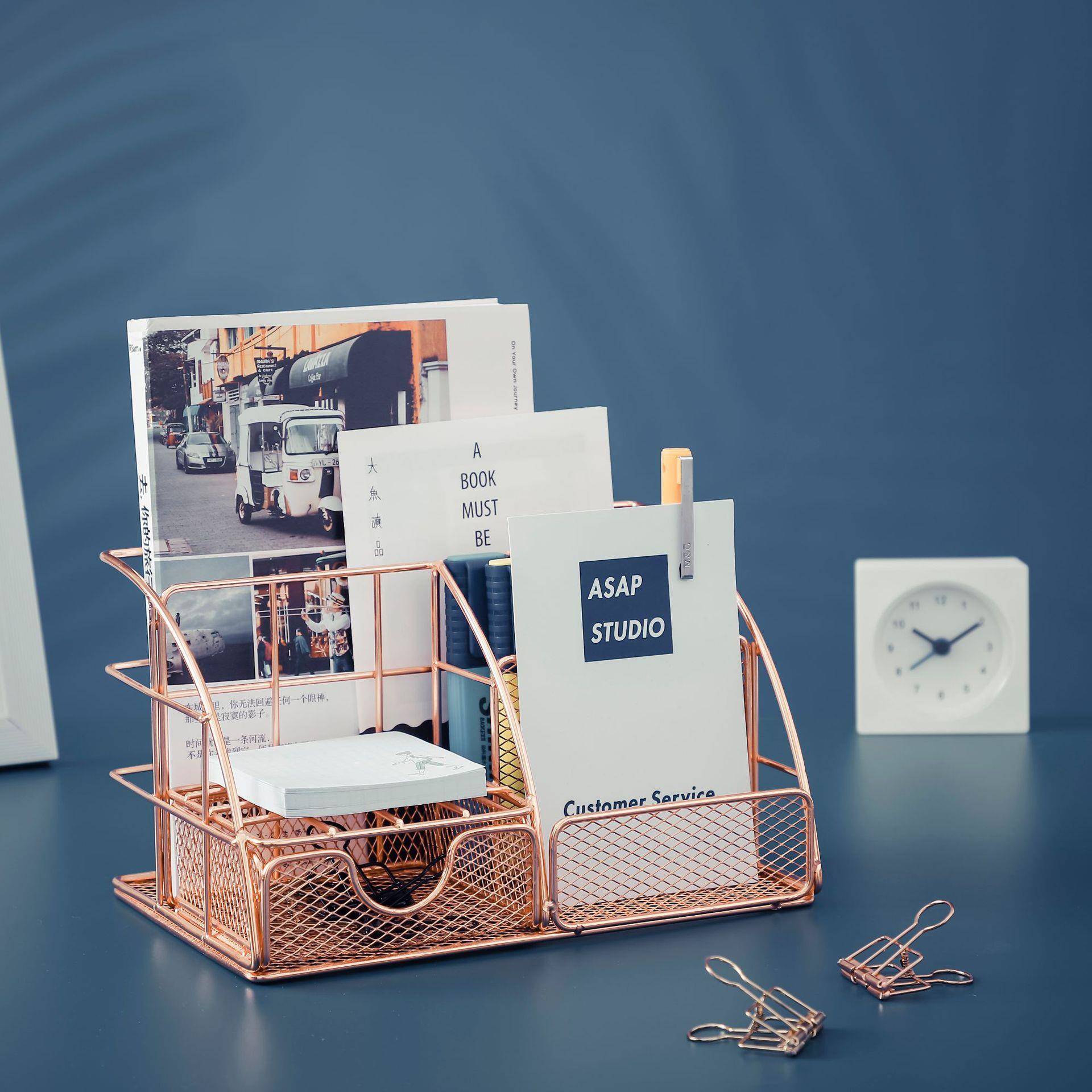 北欧风玫瑰金女士桌面多功能收纳盒笔筒组合学生桌面书籍整理
