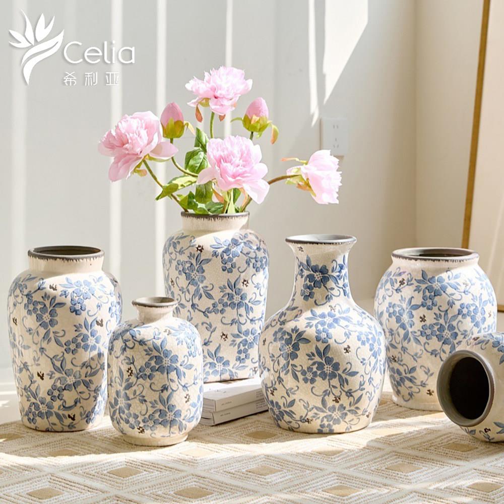 新中式青花瓷花瓶插花摆件高级感中式古典复古陶瓷花器中古轻奢风