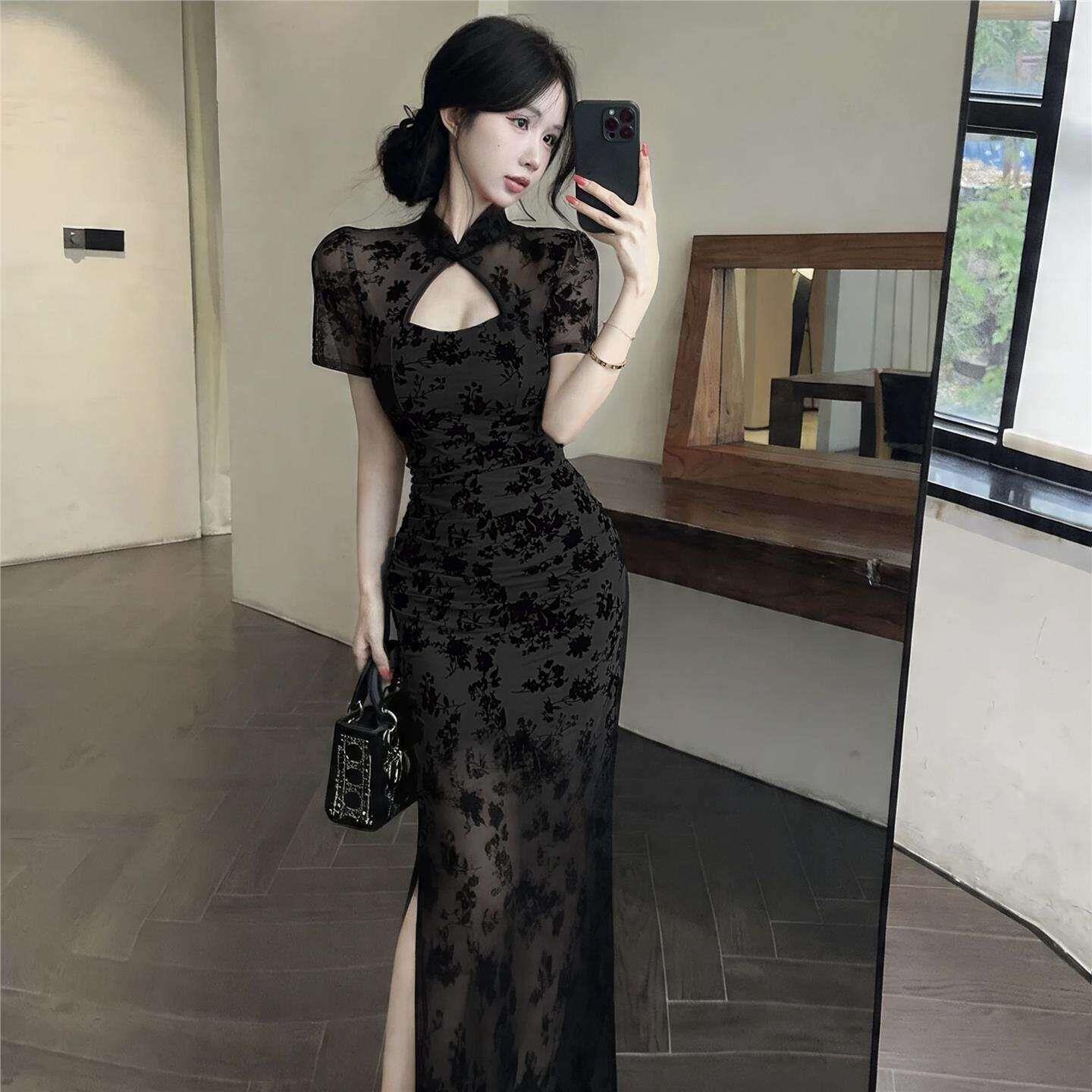 新中式SPA养生会所技师工作服黑色旗袍长裙气质御姐风包臀连衣裙