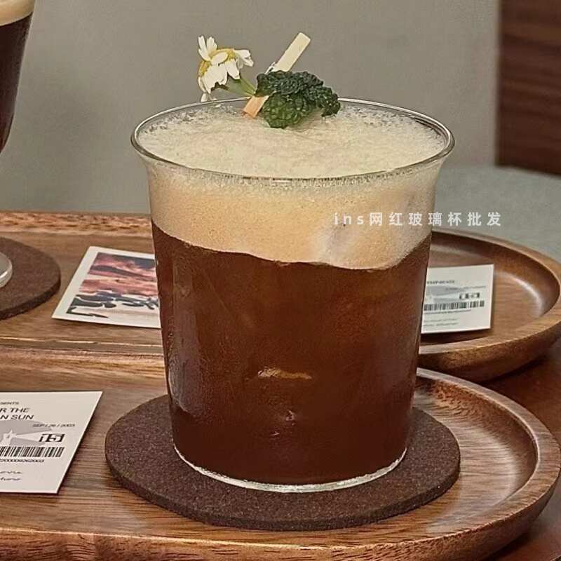 法式ins风扩口透明咖啡杯简约玻璃冰美式拿铁杯牛奶果汁杯冷萃杯