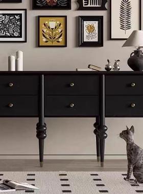 法式中古风玄关柜美式轻奢实木黑色入户玄关桌客厅极窄装饰墙边柜