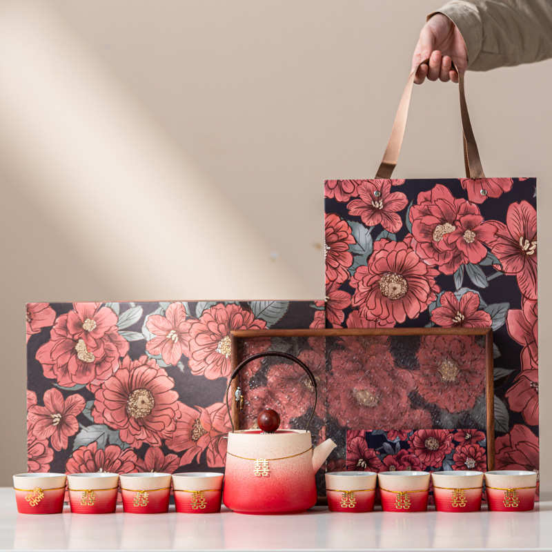 红色渐变茶具套装茶杯提梁壶茶壶礼盒送人结婚新婚生日礼物高级感