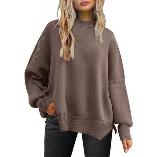 Casual Fall Winter Leisure Crew Neck Ribbed Solid Color Slit