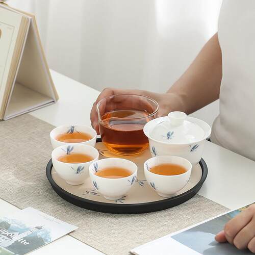 羊脂玉白瓷便携式旅行茶具泡茶盖碗一壶4杯套装带吸水茶盘