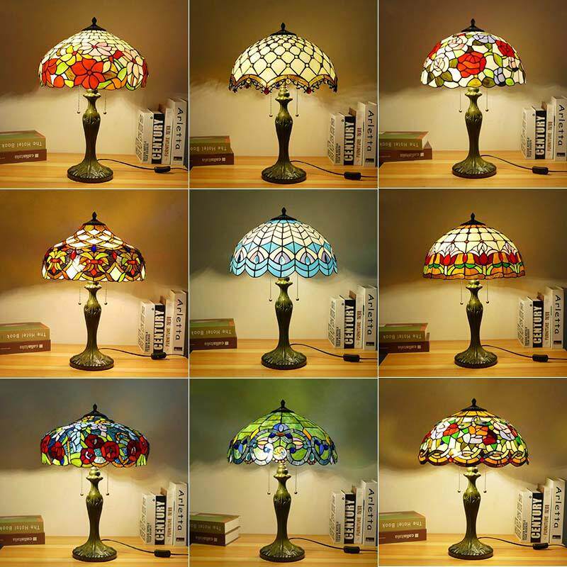 美式多款客厅卧室台灯 温馨复古酒吧咖啡厅彩色玻璃合金底座台灯