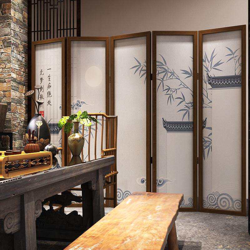 新中式屏风隔断客厅移动入户折叠遮挡茶室装饰复古马头墙竹子折屏