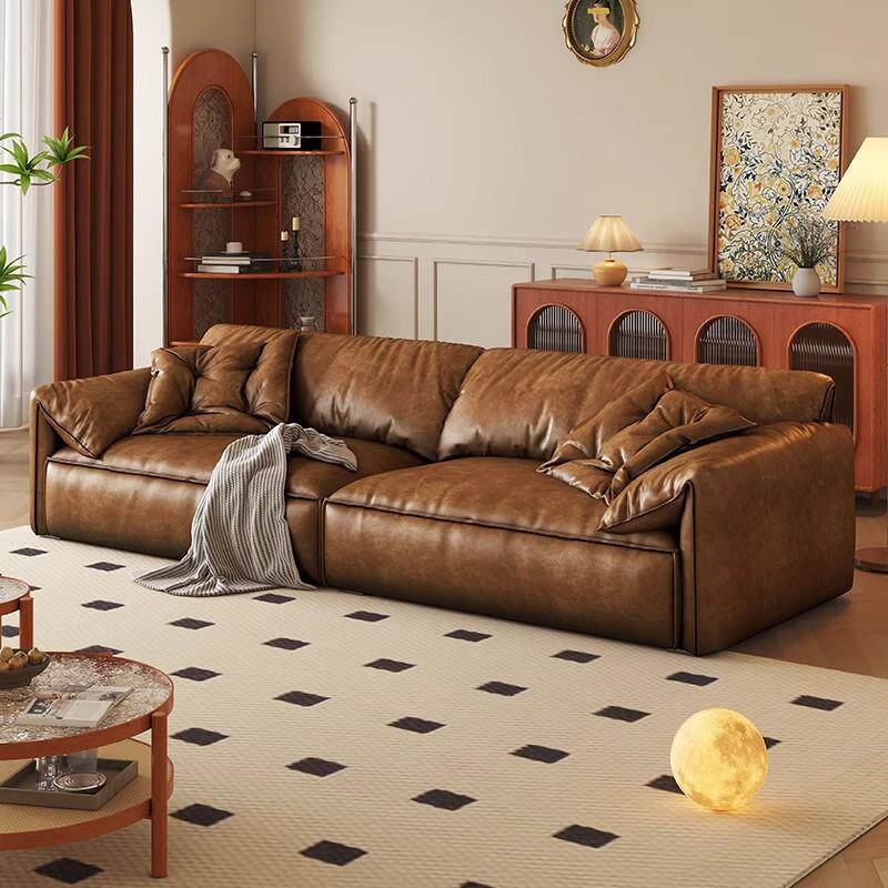 复古风大象耳朵皮沙发皮艺沙发客厅小户型直排复古云朵油蜡皮奢华