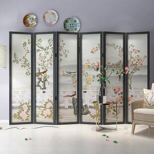 新中式 饰庭院花鸟折屏 屏风隔断现代客厅可移动入户折叠遮挡茶室装