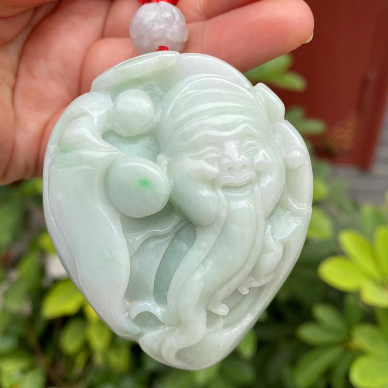 A货翡翠财神手把件缅甸玉雕带绿寿星生意兴隆把玩件吊件工艺品