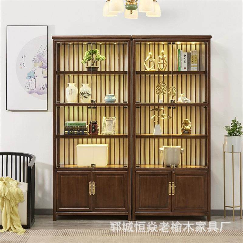 榆0508木玻璃柜长方形茶具收纳柜商老用带灯多展示柜场榆格木储物