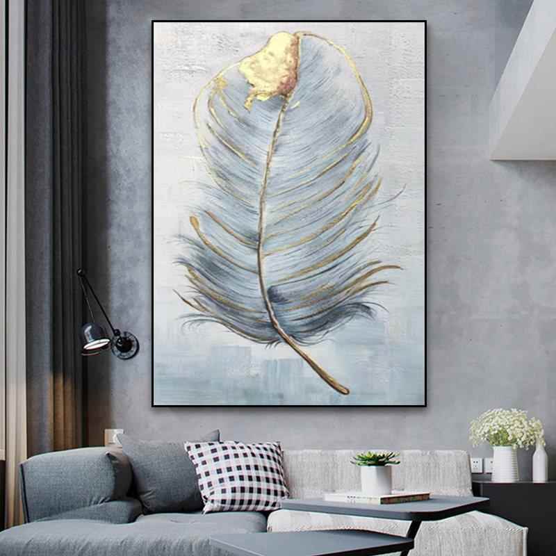 手绘油画入户玄关背景装饰挂画现代简约竖版金色羽毛走廊过道壁画