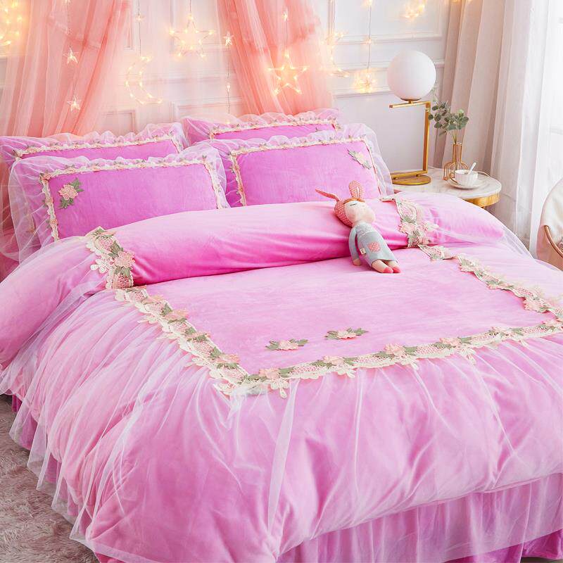 正品公主风奶绒珊四件套婚庆瑚绒双面绒床式结婚被牛套床上用品裙