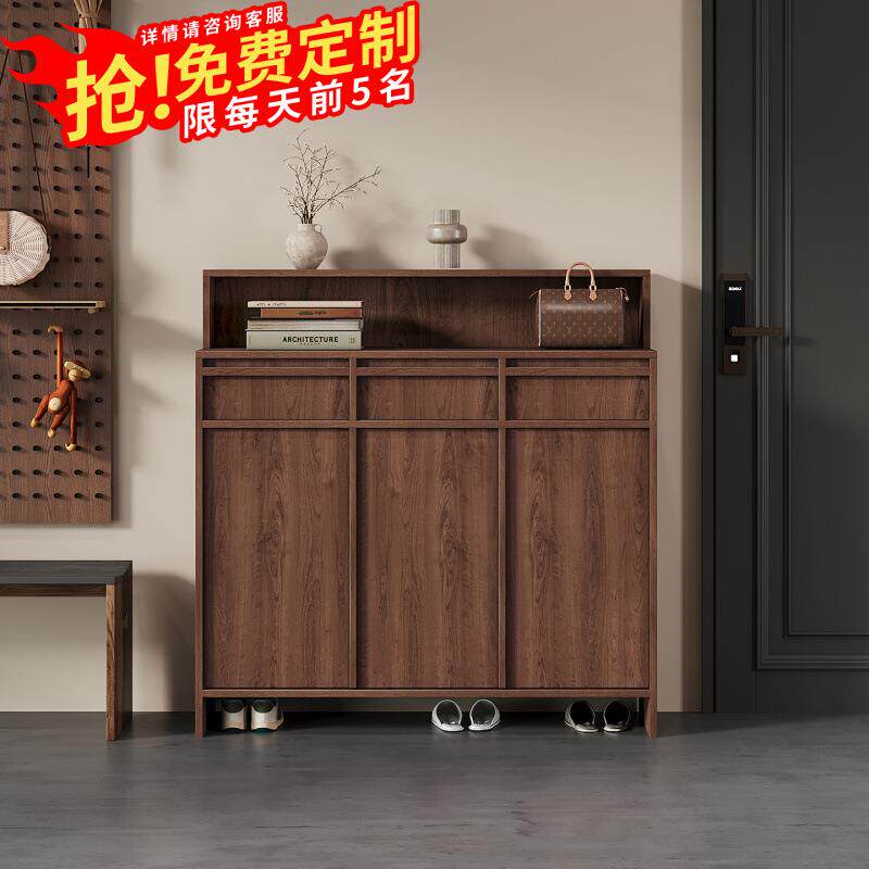 中古风骨骼线实木鞋柜家用门口玄关柜一体带置物架收纳盒储物柜子