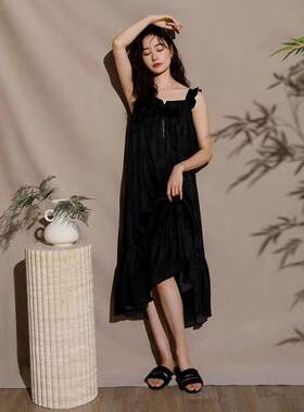 吊带睡裙女睡衣丝绸冰丝夏季夏天仿真丝薄款长款连衣裙黑色高级感
