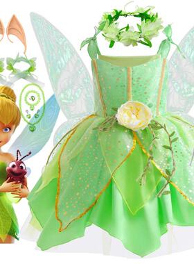 豪华版小叮当Tinkerbell裙子奇妙仙子绿精灵连衣裙万圣节儿童服