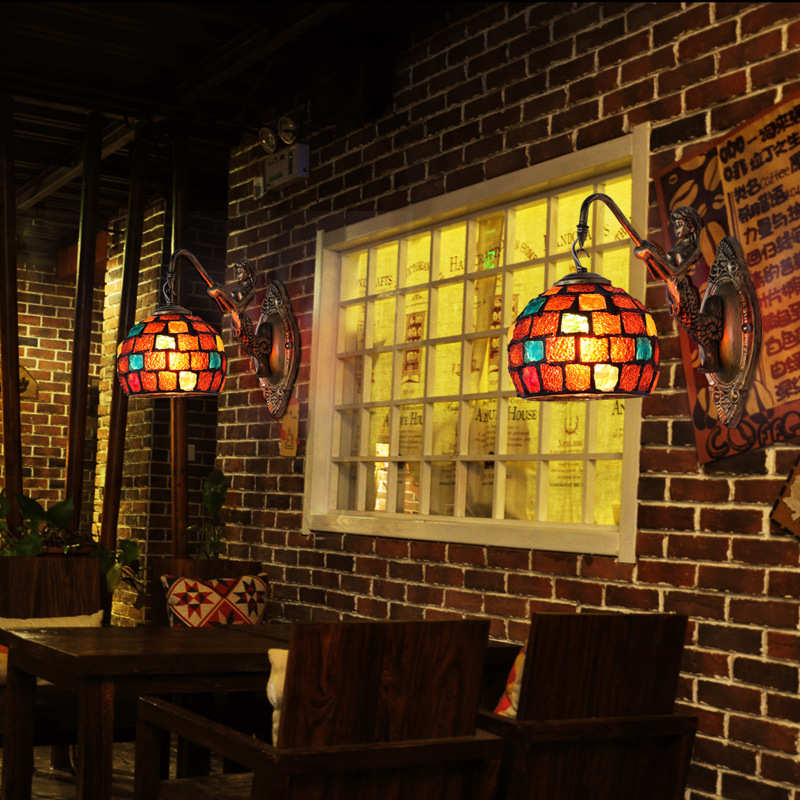 马赛克走廊复古咖啡厅卧室欧式壁灯壁灯酒吧彩色玻璃灯创意美人鱼