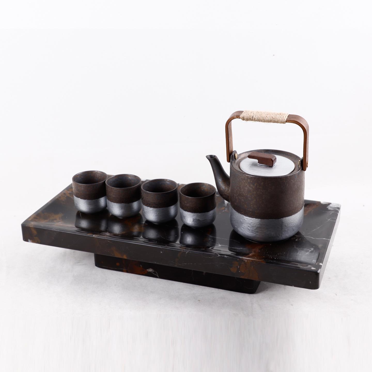 新中式黑色描银提梁壶茶具摆件售楼处样板房茶室茶桌禅意软装饰品