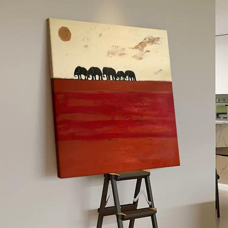 日落风景装饰画客厅手绘油画夕阳大象肌理画原木风玄关正方形挂画