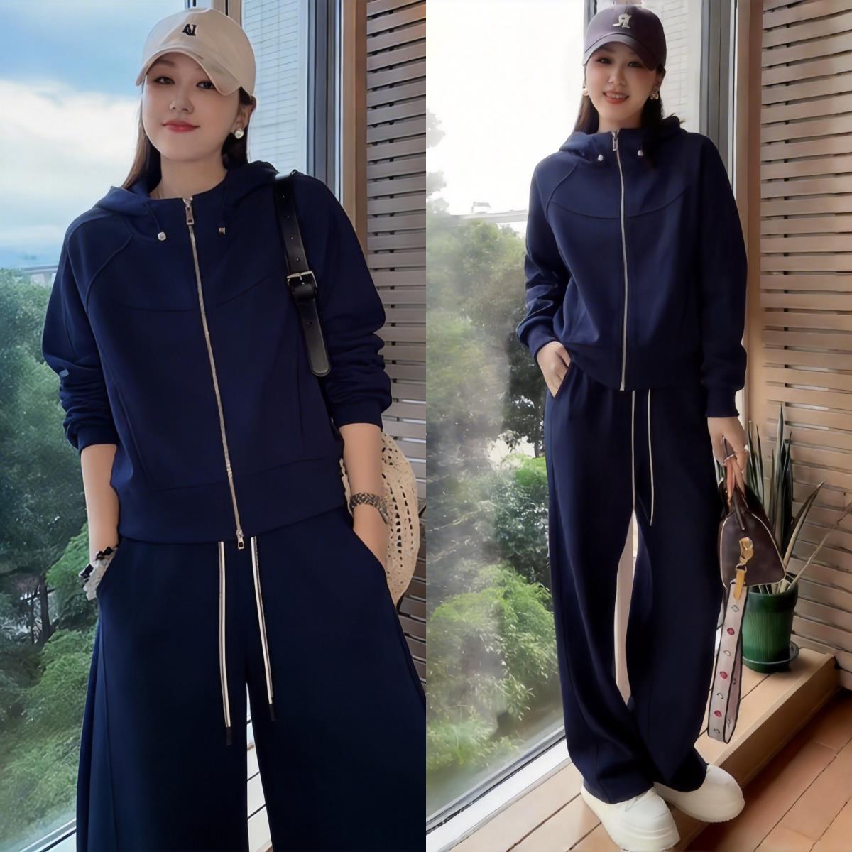 韩版休闲运动套装女2026春秋松弛感连帽抽绳开衫卫衣阔腿裤两件套