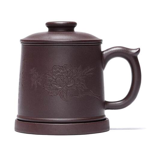 厂家紫砂茶杯宜兴原矿手工陶刻花开富贵四件套公室泡茶水杯