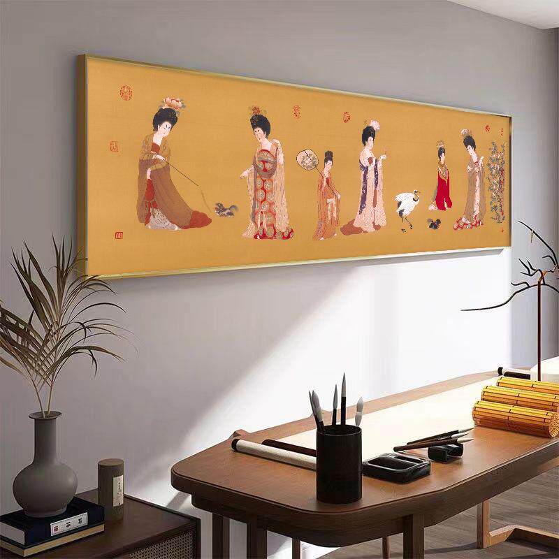 唐张萱练图仕茶女图室室挂画装饰捣画卧画床头壁ELO画新中式装饰