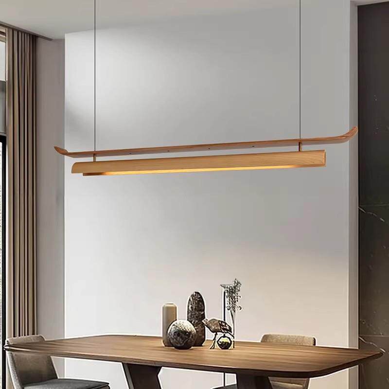简约新中式餐厅茶桌吊灯中古风格办公工作实木led长条灯一字灯具