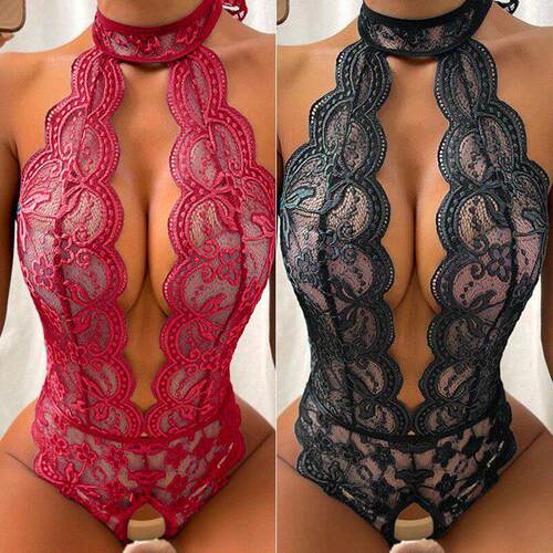 Funny lingerie sexy hollow one piece neck opening underwear