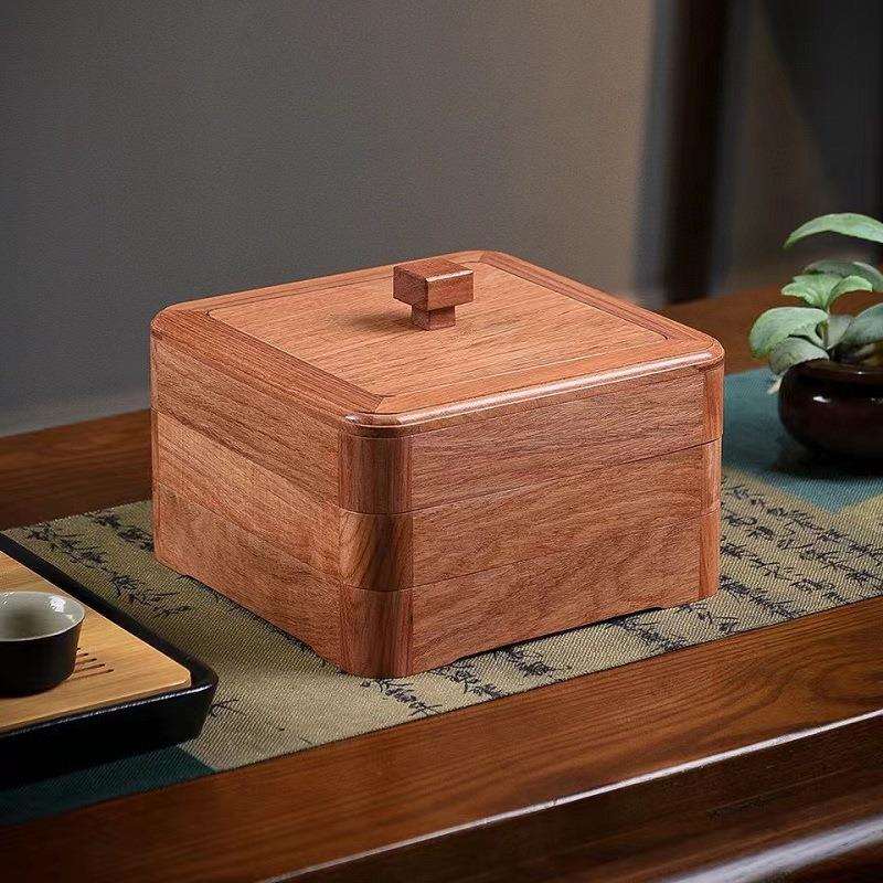 厂家缅甸花梨外独板三层正方普洱茶盒家用客厅木质茶饼盒送礼